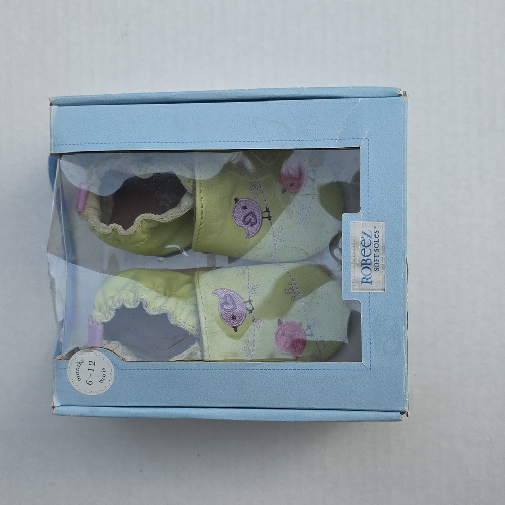 Robeez Perched Pals Lime Green Soft Sole Baby Shoes Pink and Lavendar Birds - Picture 3 of 8